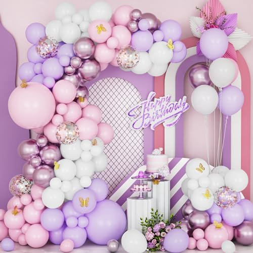 Ousuga Palloncini Macaron Rosa Viola Bianco, 124 Pezzi Opaco Arco Palloncini Kit Oro Rosa Coriandoli Adesivi Farfalla Mancare Ragazze Festa Compleanno Matrimonio Valentino Proposta Laureato Decoraz