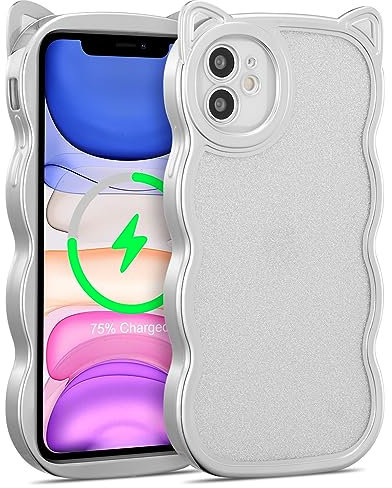 ZCDAYE Case for iPhone 11, Cute 3D Cat Ears Design Luxury Shimmer Glitter Back Curly Wavy Shape Soft TPU Phone Cover for iPhone 11 (6.1 inch), Silver