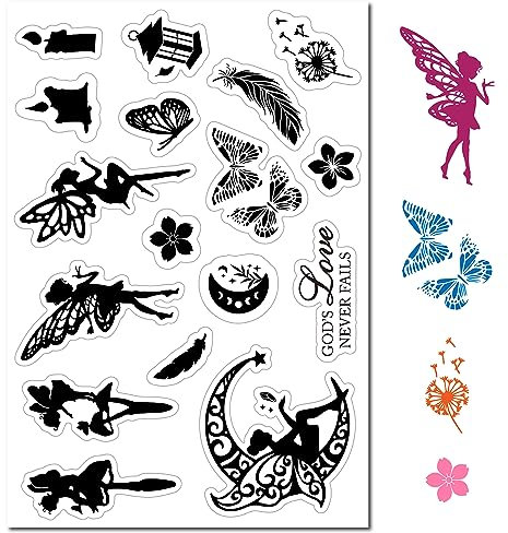 craspire Fairy Angel Clear Rubber Stamps Butterfly Moon Mushroom Vintage Transparent Silicone Seals Stamp for Journaling Card Making Friends DIY Scrapbooking Photo Frame Album Decoration