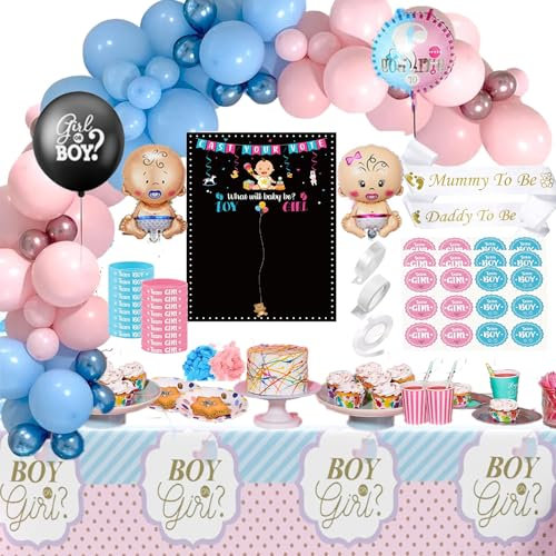 Luftballon Gender Reveal Party Deko mit Tischtuch und Abstimmung Poster, Babyparty Deko Girl Or Boy Geschlecht Offenbaren Ballon Mit Team Boy Team Girl Konfetti, Boy Or Girl Deko für Baby Shower