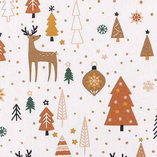 SCHÖNER LEBEN. Weihnachtsstoff Baumwollstoff Eminza Hirsche Tannenbäume weiß senf 1,47m