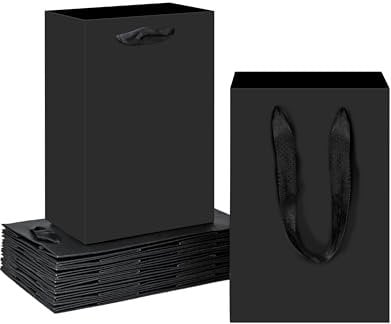 HUAPRINT Matte Black Paper Gift Bags, Small Shopping Bags with Handles, 13.3x8.2x20.3cm, 12 Pack for Party Favors, Merchandise, Weddings