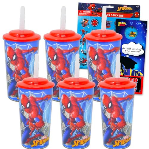 Marvel Spiderman – Lot de 6 gobelets réutilisables de 473,6 g avec couvercle et paille, autocollants pour garçons et filles – Gobelet Spiderman avec paille