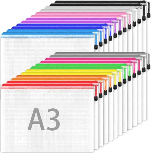 A3 Kunststoff Zip Wallets - 24PCS A3 Kunststoff-Ordner Brieftaschen Dokument Ordner Zip Lock Taschen Mesh Zipper Taschen für Schule Büro Reise Lagerung (12 Farbe)