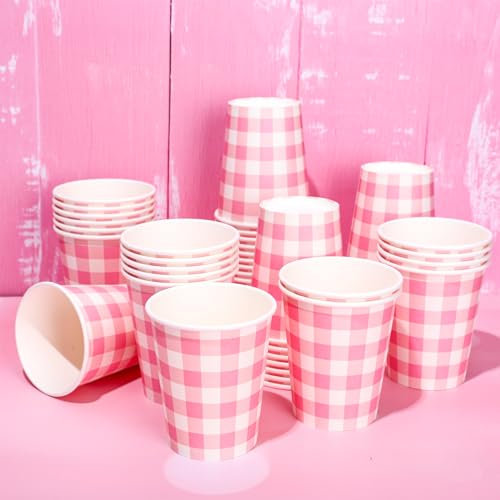 Whaline 50Pcs Buffalo Plaids Paper Cups Light Pink Checkered Disposable Cups Party Decorative Cups for Valentine’s Day Birthday Cold Hot Drinkware Tableware Decor Supplies, 9 Oz