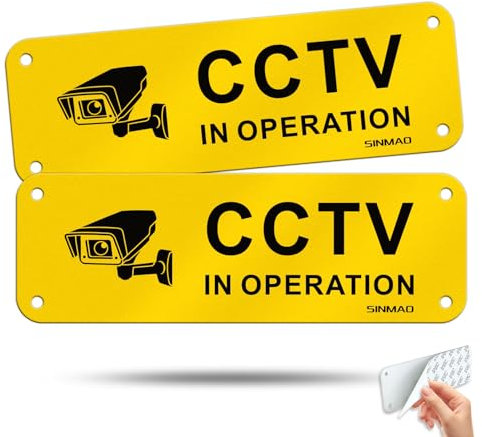 SINMAO Small CCTV In Operation Sign Sticker Window Self Adhesive 15x5cm Metal Reflective Pre Drilled for Indoor and Outdoor 2pcs