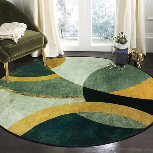 Tapis Design Tapis Rond Vert Lavable en Machine, pour Salon, Chambre à Coucher, Coin de Cheminée,Tapis Poil Ras Vert émeraude Motif Demi Cercle, 120cm
