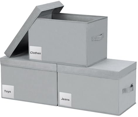 DIMJ 3 Pack Foldable Storage Boxes with Lids, Stackable Storage Bins with Label Holder Fabric Storage Basket with Handle, Wardrobe Organiser Box for Clothes, Home Storage, Grey