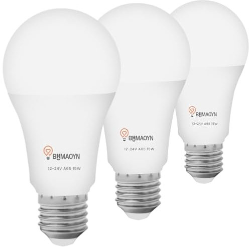 BHMAOYN 12-24V DC LED Lampe, 15W (≅150W), E27, Warmweiß 3000K, 1500 Lumen, [3er Set] für Solaranlage, Wohnmobil, Gartenhaus, Yacht, Garage, Batteriebetrieb