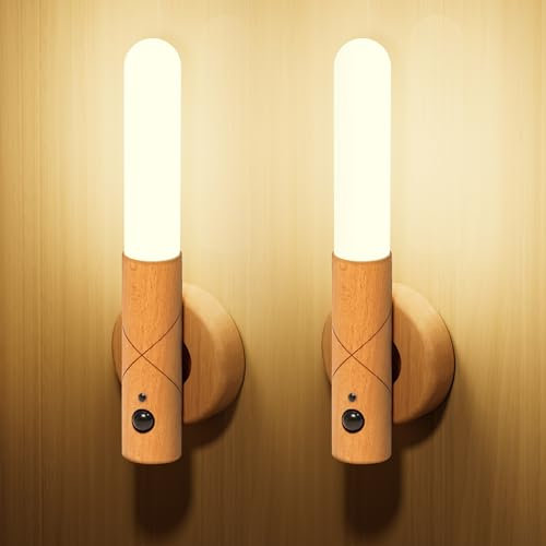 Doraimuni 2-Pack Rechargeable Wireless Wall Lights with Magnetic Mount, USB Stick - Indoor, Wooden, Light Brown