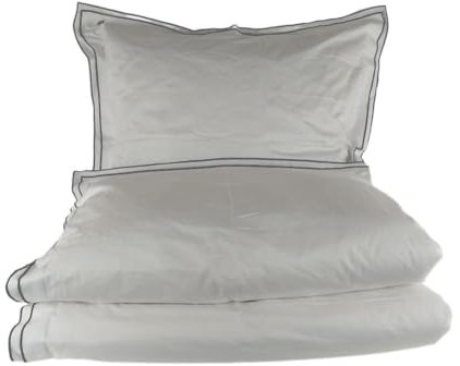 anaj | MEGAM Bettwäsche-Set - GOTS-zertifizierte Bio-Baumwolle - 3-teilig - 400 TC Baumwoll-Satin mit Stickerei - Verdeckter YKK Reißverschluss - mit passendem Aufbewahrungsbeutel (Weiß/Grau)