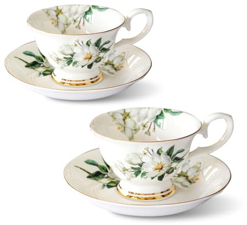 Tasse aus Porzellan 2 Satz von, Kaffeetassen mit Untertassen 200 ml, Floral Kaffee Becher Bone China, Teetasse Nachmittagstee Geschenk Becher Set (A)