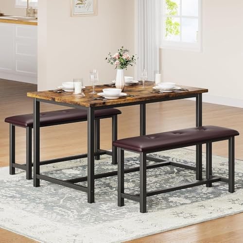 Esstisch mit 2 Bänken,Essgruppe 3-teilig Esszimmergruppe für 4 Personen Küchentischset mit Metallgestell 2 Polsterbänke Rechteckig Küchentisch-Set für Wohnzimmer, Esszimmer, Küche, Vintagebraun