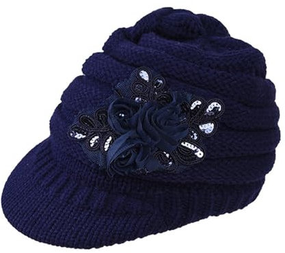 Damen-Wintermütze mit warmem Zopfmuster, Newsboy-Mütze mit Pailletten-Blumenmädchen, Goofy-Film-Kostüm, navy, L