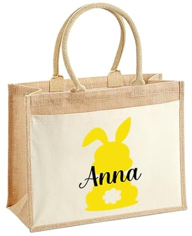 LIEBTASTISCH Ostern - Jutetaschen - Personalisiert - Geschenkverpackung - Osternest - Osterkorb - Hase - Osterkorb - Geschenktüte - Frohe Ostern (Gelb, L (42x33x19 cm))
