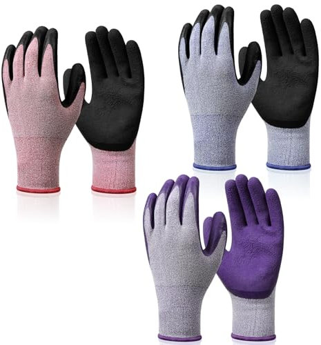 Ainiv 3 Paar Latex Beschichtete Frauen Gartenhandschuhe, mit Optimaler Griffigkeit & Feinem Tastgefühl Umweltfreundliche Schutzhandschuhe für Haus- Gartenarbeit