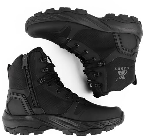 LUDEY Springerstiefel für Herren Leichte Taktische Stiefel YKK Seitenreißverschluss Kampfstiefel Atmungsaktiv Einsatzstiefel Bequem Militärstiefel Armeestiefel Schwarz 45EU