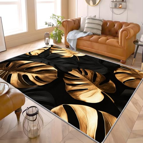 PaxGloz Teppich Monstera Blatt - Waschbarer Kleiner Teppiche Wohnzimmer 80x150 Kurzflor, Bettvorleger Schlafzimmer rutschfest, Schwarzer Gold Teppich für Kinderzimmer, Tropische Blätter Deko