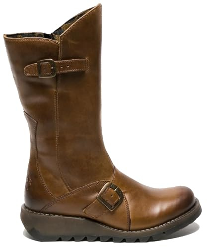 Infinity Leather Stivali da donna FLY MES 2 con Zeppa, Fibbia, Zip e Plateau in Pelle a Metà Polpaccio