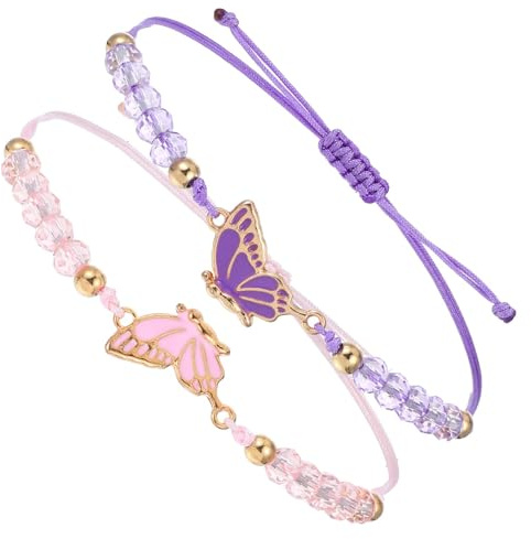 Bewudy 2 Stück BFF-Armbänder, Verstellbare Schmetterling Freundschaftsarmbänder Schmetterlingsarmbänder Freundschaftsarmband für Damen Beste Freunde Schmuckgeschenke Matching Bracelets(Pink+Purple)