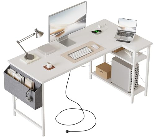 Mericonia Reversible Corner Desk, w. Power Outlets, 120x70cm, White | Reversible Design, L-shaped desk with Bag, Height-adjustable Shelf, Gaming computer desk for home & office