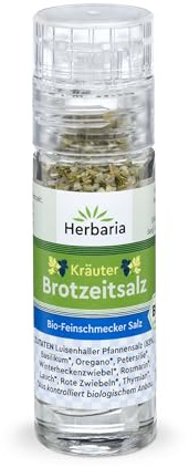 Herbaria Kräuter Brotzeitsalz bio 15g Mini-Mühle – Bio-Brotzeitsalz, Bio-Kräutersalz, Bio-Gewürzsalz - für die Brotzeit, zum Würzen von Gemüse, Salat und Suppen – mit Luisenhaller-Pfannensalz