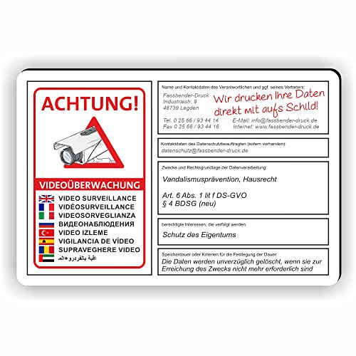 dsgvo BDSG mit Wunschtext - Videoüberwachung Schild/VÜ-015 (45x30cm SCHILD)