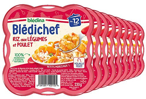 Blédina - Blédichef - Repas Bébé 12 Mois - Riz Légumes Poulet - Petits Morceaux - 100% Ingrédients d'Origine Naturelle - Dès 12 Mois - 8 Assiettes de 230g