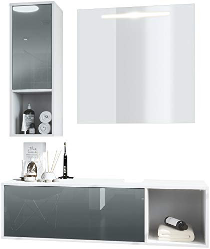 Vladon Set di mobili da Bagno Mobile Contenitore La Costa, Struttura in Bianco Opaco/Frontali in Grigio Lucido con Specchio LED