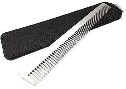 Swedish Crown Profi-Herrenkamm mit Echt-Leder-Etui Aluminium-Kamm 15,5 cm (antistatisch) Metallkamm feine + weite Zahnung Bartkamm in Salon-Ausführung (2261 A-Et)
