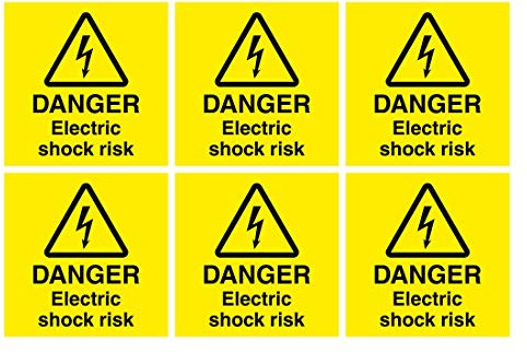 Set of 6 Danger Electric Shock Risk Signs. 120mm x 120mm Self Adhesive Stickers. Ideal for Meter Boxes, substations etc