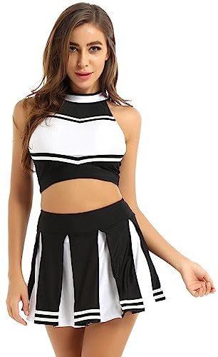 Doomiva Damen Cheerleaderin Kostüm Set Karneval Faschings Tanzkostüm Set Cheerleading Kostüm Cheerleaderuniform Halloween Tanzkleidungset Schwarz L