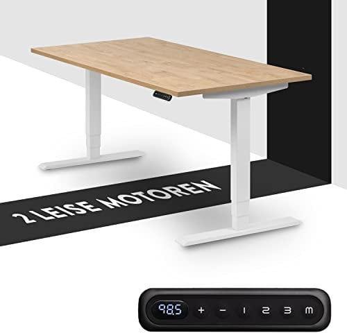 boho office® höhenverstellbarer Schreibtisch 160 x 80 cm - Elektrisch stufenlos, 2 Motoren, 3-Fach Teleskop, Memoryfunktion, inkl. Wireless Charger - Homedesk Weiß inkl. Tischplatte in Wildeiche