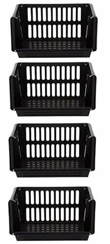 Optimal Products Large 4 Tier Stacking Baskets Storage Veg Rack Plastic Stackers 35 cm Kitchen Fruit Stand Shelf (Black)