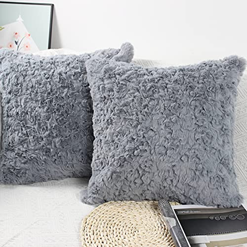 NIULAA Weich Plüsch Kissenbezug 50x50 2er Set Grau Deko Kissenbezüge Pelz Flauschig Kissenhülle Luxus Zierkissen Sofakissen Kunstfell Kissen für Sofa Wohnzimmer Schlafzimmer