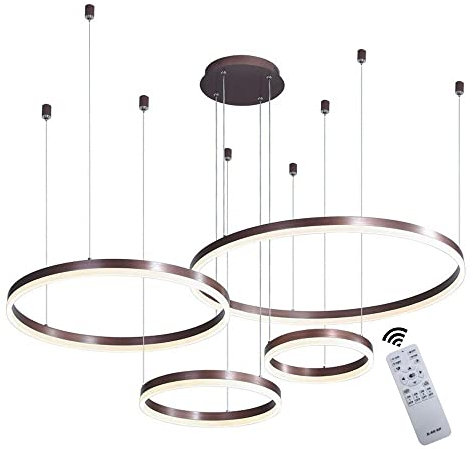 LED Pendelleuchte Modern Dimmbar Pendellampe Esstischlampe 90W 4-Ring Höhenverstellbar Hängeleuchte Braun Aluminium Acryl Kronleuchter mit fernbedienung Wohnzimmer Esszimmer Hängelampe 20+40+60+80cm