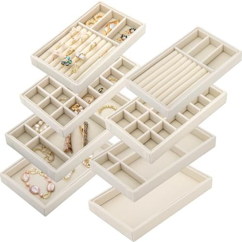 Elsjoy Set of 8 Velvet Jewelry Organiser Tray, Stackable Jewelry Tray Drawer Insert Divided Storage Holder, Necklace Bracelet Display Tray for Earring, Ring, Brooch, Watch, 8.3x5x1 Beige 4 Styles
