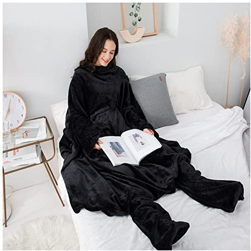 HZXY Fleece Wearable Blanket with Sleeves & Foot Pocket for Adult Women Men, Super Soft Comfy Warm Plush Throw with Sleeves TV Blanket, for Lounge Chair Couch (Black)