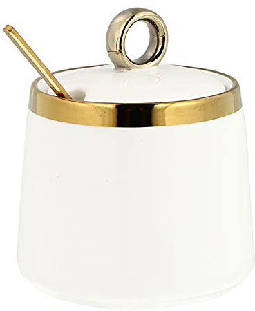 Golden Verge Sugar Bowl and Seasoning Jar - Ceramic Jar with Lid and Spoon (White, 9X9X8CM)
