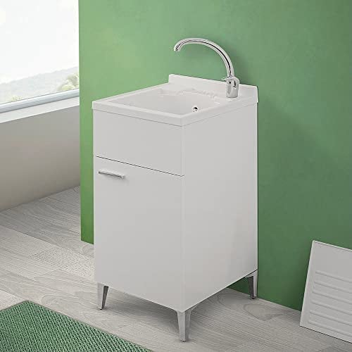 Mobile lavatoio Lavanderia 45x50 cm in Legno Montato con Vasca in Resina, Completo di ASSE di Lavaggio e Kit sifone + piletta (Bianco)