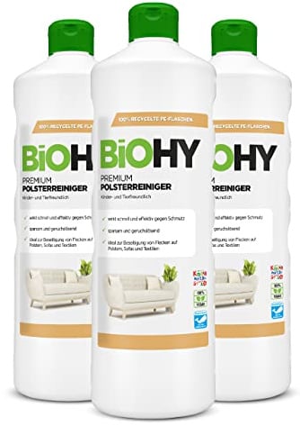 BiOHY Premium Polsterreiniger (3 x 1 Liter) | Bio Konzentrat für Polstermöbel, Sofas, Teppiche & Textilien | für Nasssauger & andere Geräte geeignet | geruchslösender Fleckentferner