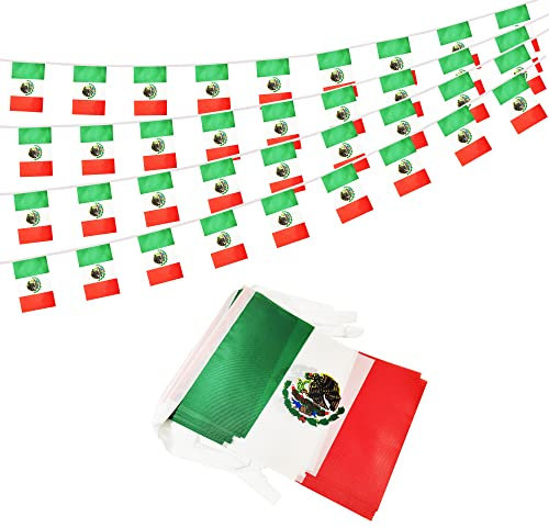 Cuerda de bandera de México de 50 pies, mini bandera mexicana pequeña para decoración de fiestas, tiendas y bares, decoraciones al aire libre, 38 banderas