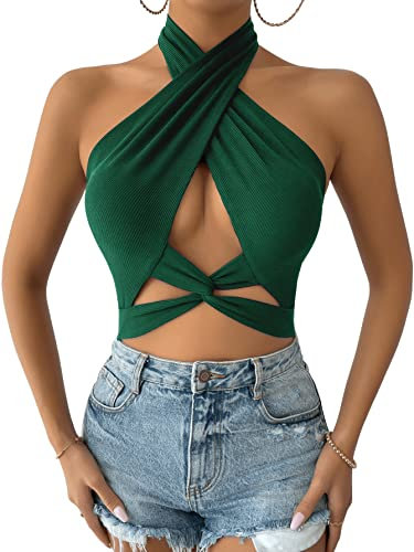 GORGLITTER Damen Neckholder Top Bauchfrei Oberteil Rückenfrei Tops Crop Halter Top Trägertop Dunkelgrün S