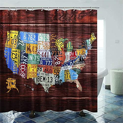 MEKPAM Plaque D'Immatriculation Carte USA Rideau De Douche Rétro Rideau De Douche avec Crochets Ensembles De Rideaux De Salle De Bain Décoration De Salle De Bain 180X180cm