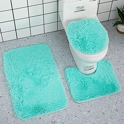 Reyox Badvorleger Set 3 Teilig, Weiche Hochflor Badematte rutschfest, Mikrofaser Flauschig Badteppich für Toilett WC Badezimmer Hellblau 3 STK