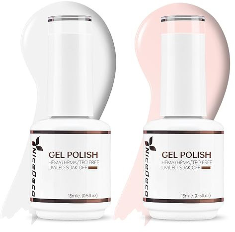 Nicedeco 2 Couleurs 15ML Vernis Gel Semi Permanent Blanc + Rose, Vernis à Ongles Gel Polish Soak Off UV LED Brillant Longue Durée KIT 1