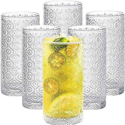 MSYU 6 Pack Romantic Water Glasses, 12 oz Hobnail Glasses Tumbler, Clear Embossed Vintage Glassware Set for Beer, Cocktail, Soda, Beverages