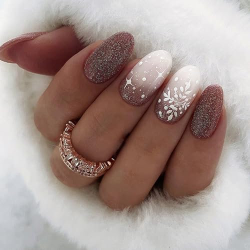 Ceboic 24 Pièces Noël Faux Ongles Court Amande Naturel Ongles à Coller Rouge Blanc Dégradé Press on Nails Acrylique Pleine Couverture Ovale Faux Ongles Autocollants pour Femmes et Filles