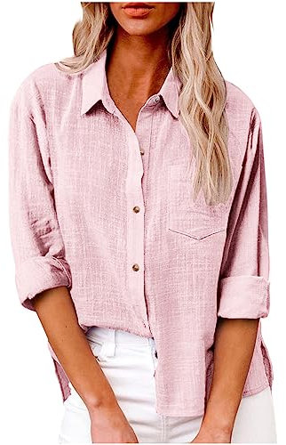Susenstone Chemise Lin Femme Col en V Bouton Manches Longues Tops Couleur Unie Lâche Respirant T-Shirts Grande Taille Pas Cher Casual Coton Tunique Blouse