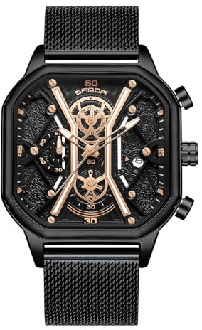 rorios Quarz Uhren für Herren Business Edelstahl Armbanduhr Leuchtend Analog Uhr Multifunktional Chronograph Uhr Mode Quadrat UH für Männer Gold B